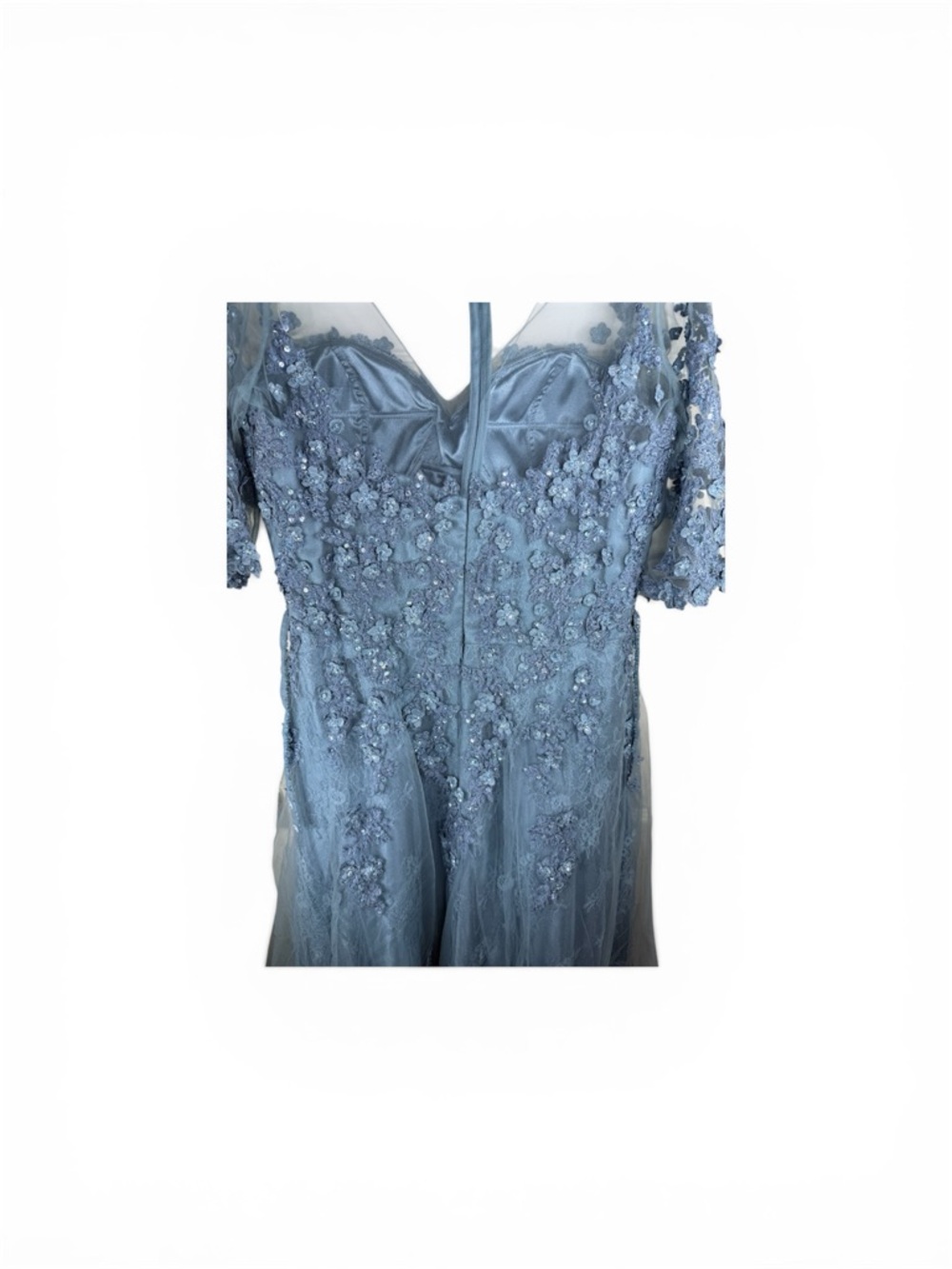 Elegant Light Blue Lace Evening Gown with Sheer Sleeves - Picture 5 of 6